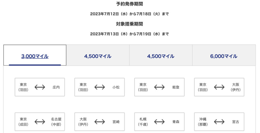 マイル数に応じたトクたびマイルの対象路線