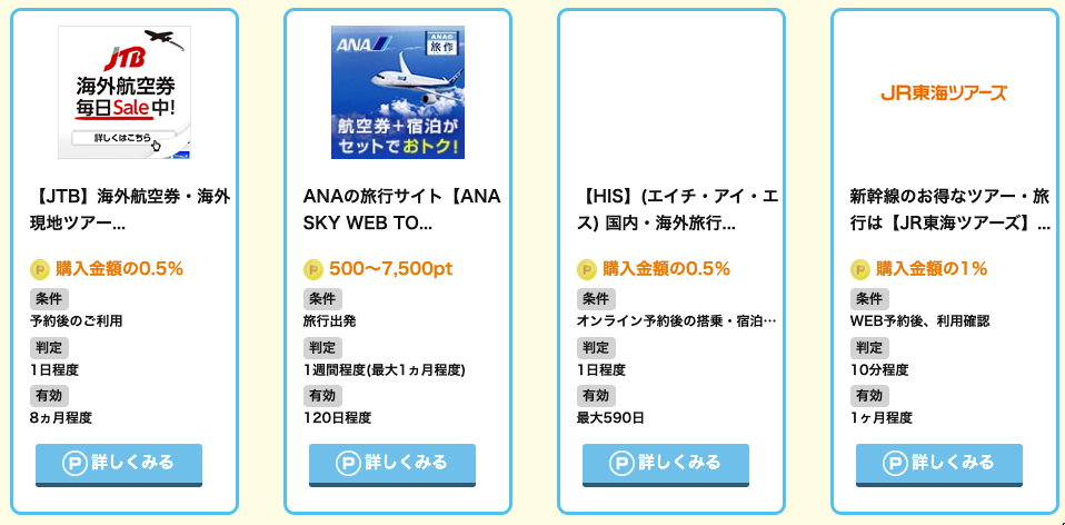 げん玉に掲載されている旅行サービスの一例