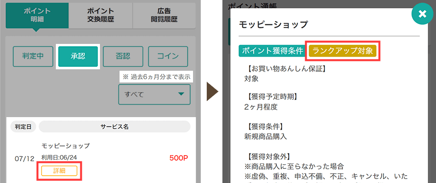 ポイント通帳にある「承認」一覧の詳細に「ランクアップ対象」アイコンが表示されている広告