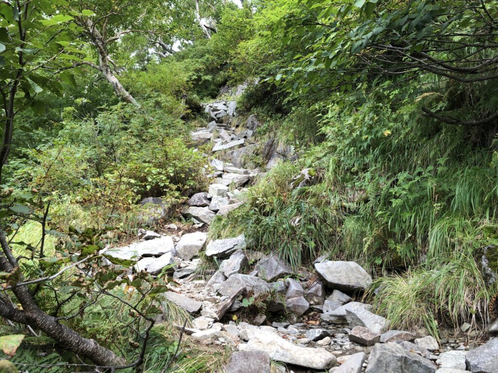 重太郎新道の角度のある道（ゴツゴツした岩）