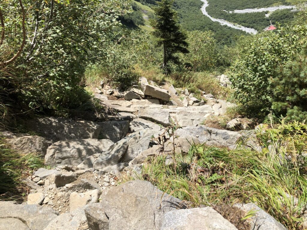 重太郎新道下りにある「激下り・滑落者多数」看板からの下り