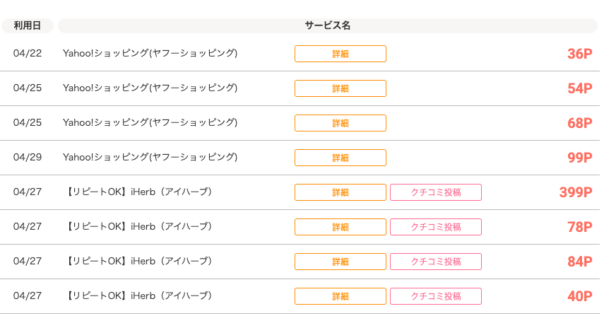 モッピーのポイント獲得実績(ヤフーショッピングとアイハーブ)