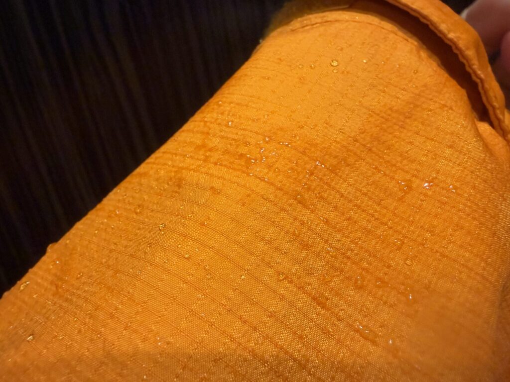 「ベルグテックEX」雨に濡れて少し染みている感じの腕の部分